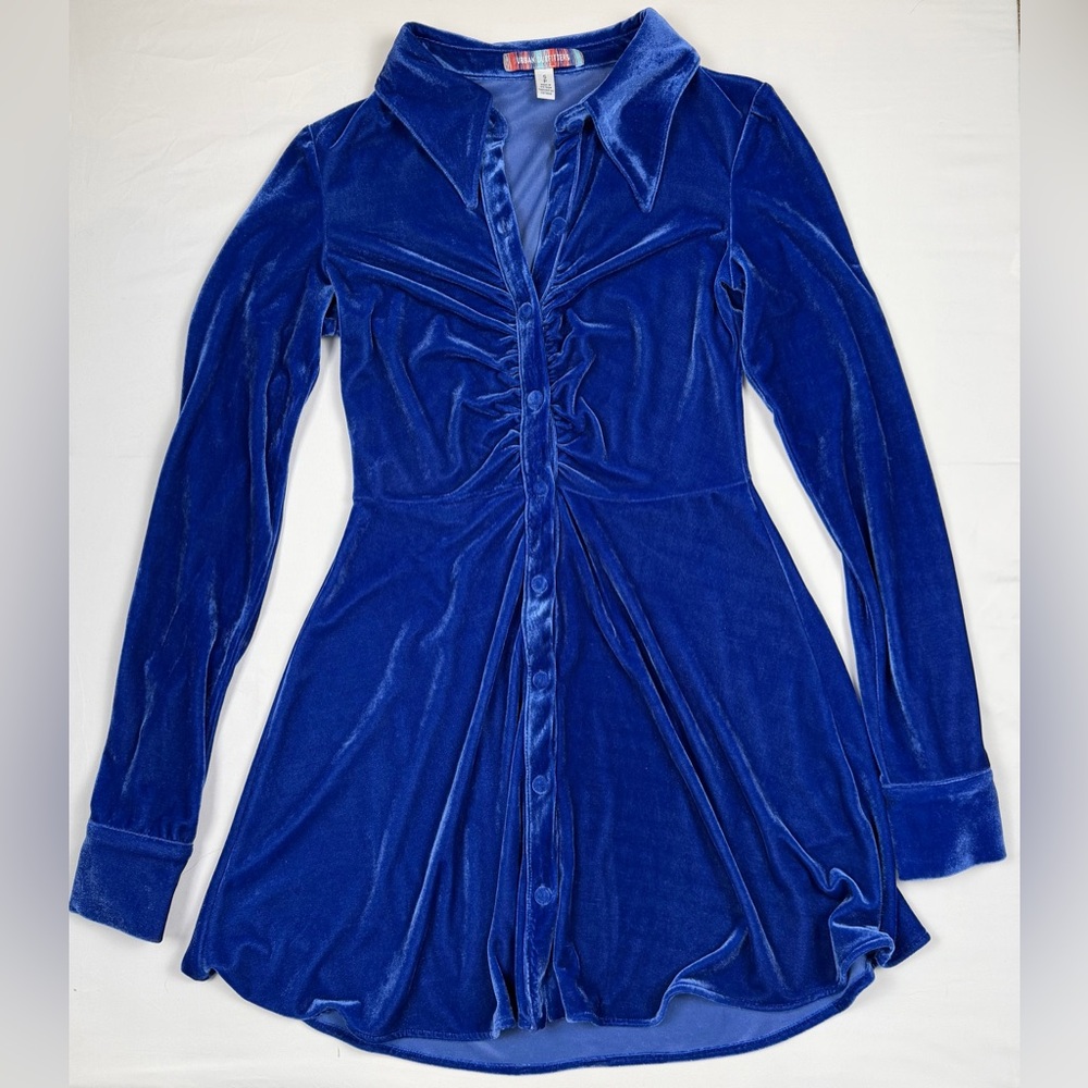 Urban Outfitters Blue Velvet Button Down Shirt Dress Y2K Long Sleeve Small EUC - Picture 2 of 10